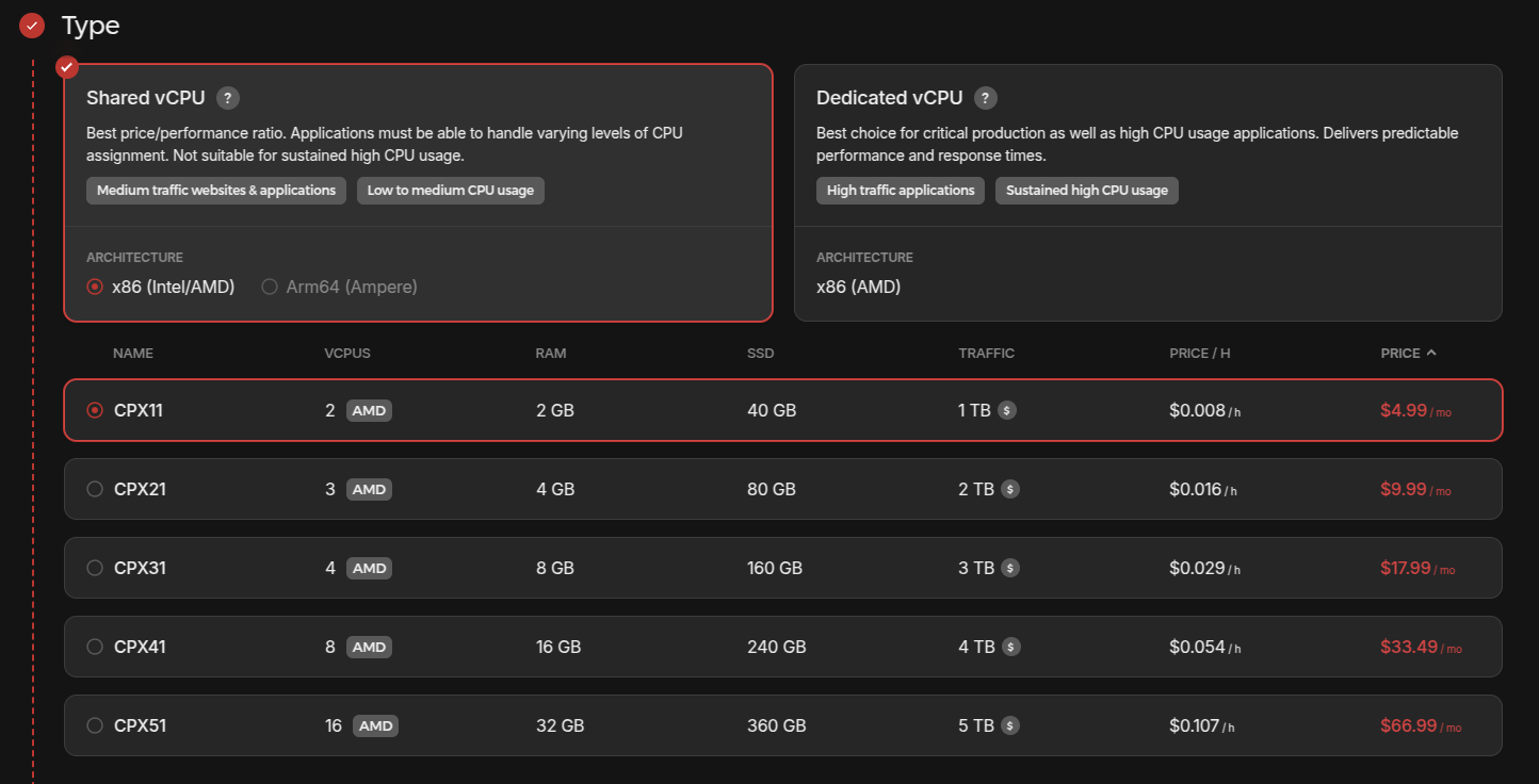 Hetzner choose server type